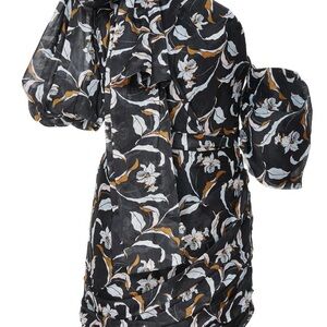 Acler Black Floral Dress with Puff Sleeves